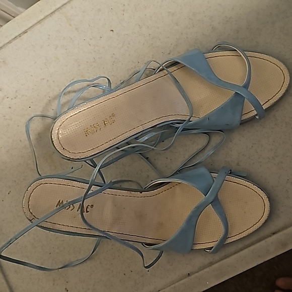 New "Kiss Me" Designer Lt. Blue Patent Sandals, Long Ankle/Leg Wrap Around Strap - Picture 3 of 5